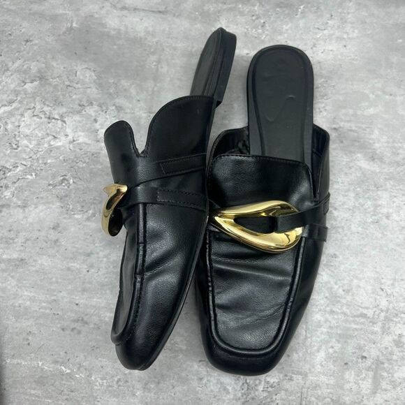 Zara Black Leather Embellished Metallic Slip-On Mule Flat Loafers Womens Size 39 - Picture 2 of 8